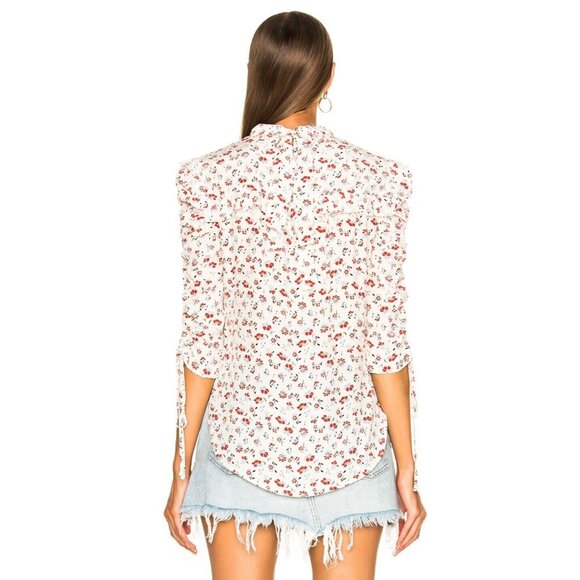 VERONICA BEARD Howell Red Floral Silk Ruffled Yoke Ruched Sleeve Blouse, Size 2 - Picture 4 of 16